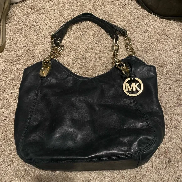Michael Kors Black Leather Shoulder Bag with Gold Accents - Picture 1 of 4